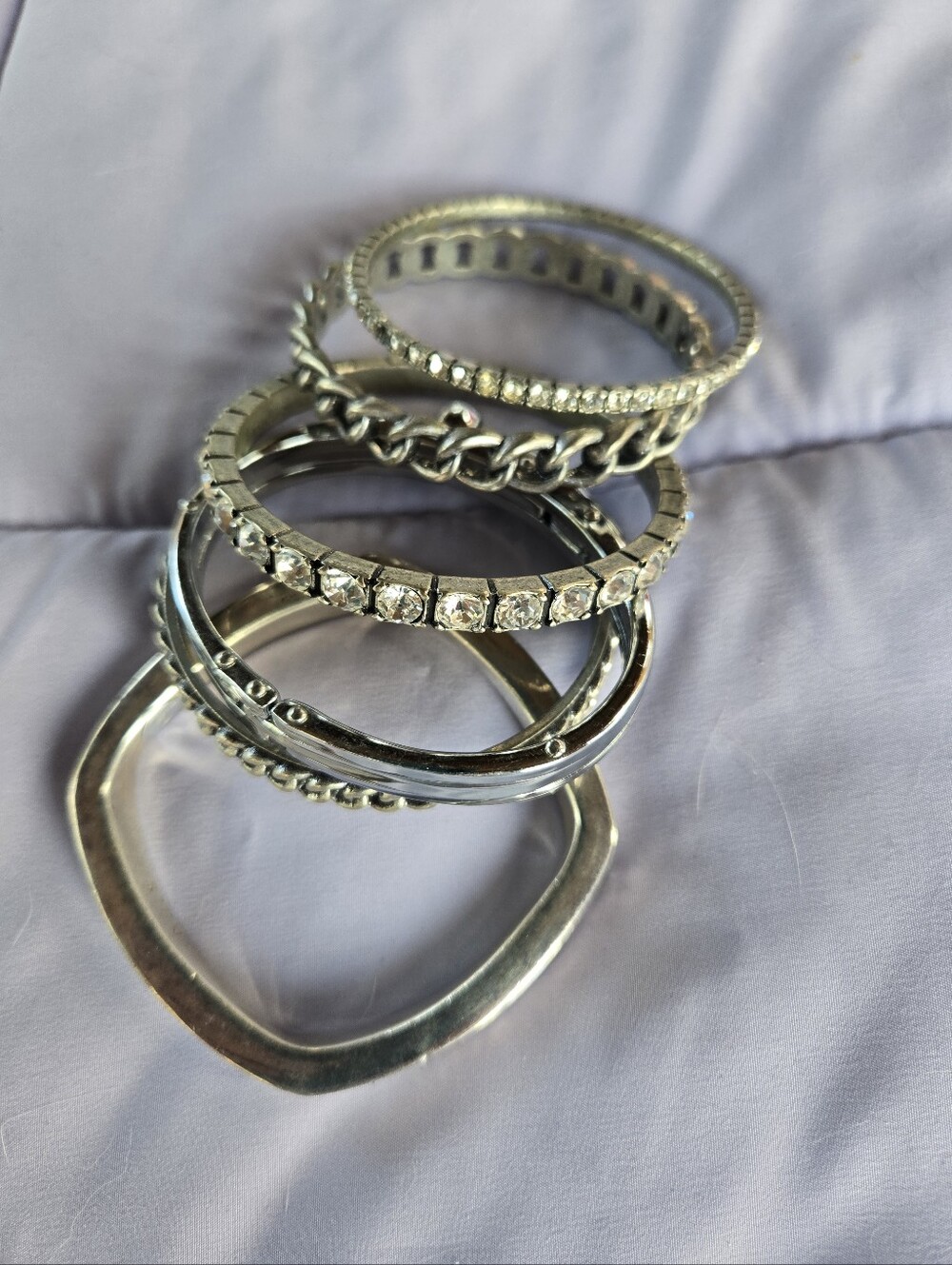 Silver Stackable Siver Crystal Chain Bangle Set Bonus Vintage Two Enamel Bangles